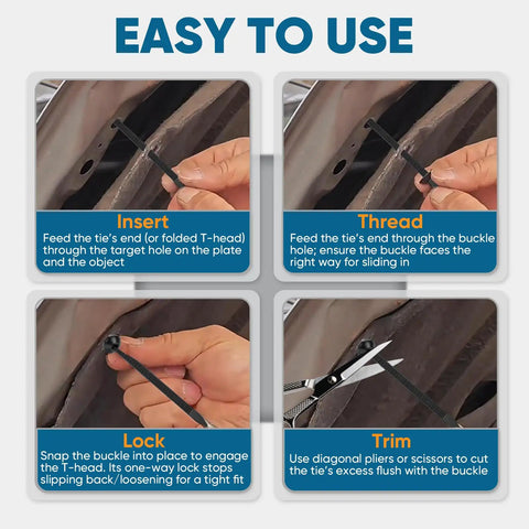 Step-by-step use of the 200-Piece Nylon Universal Cable Tie Kit for installation on car panel, featuring insert, thread, lock, trim.