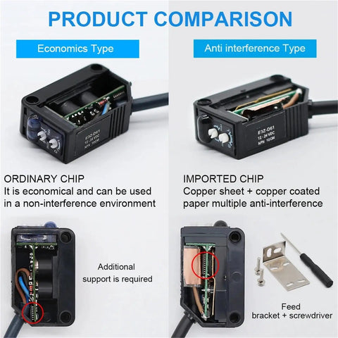 Versatile Photoelectric Proximity Sensor With Diffuse Reflect Through Beam Modes for Industrial Automation comparison chart with ordinary and imported chips, featuring versatility and PNP option.