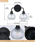 Dimensions of TODOLUZ 2-Light Clear Ribbed Glass Wall Sconce Lighting showing matte black finish and glass shades for modern farmhouse use.