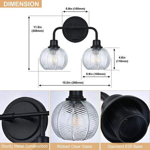 Dimensions of TODOLUZ 2-Light Clear Ribbed Glass Wall Sconce Lighting showing matte black finish and glass shades for modern farmhouse use.