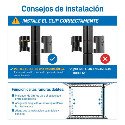 Installation tips for the Hassle Free Five Tier Floor Standing Carbon Steel Storage Rack with clip usage instructions.