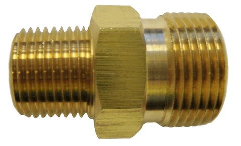 Brass high-pressure M22 to 3/8-in male pipe-thread adapter with hex body.