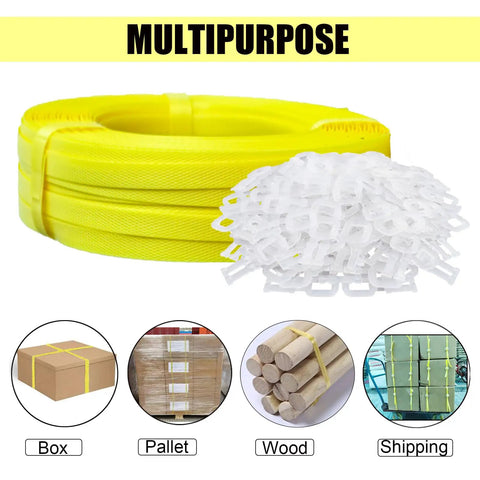No Sweat Polypropylene Banding Strapping Kit With Dead Simple Dual Handle Packaging Tensioner And Tough Yellow Plastic Strap Rounds.