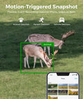 4K Dual Lens Cellular Security Camera With 4G LTE SIM Card Included capturing wildlife with motion detection feature displayed on smartphone app.