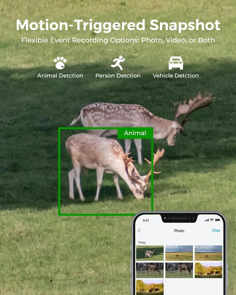 4K Dual Lens Cellular Security Camera With 4G LTE SIM Card Included capturing wildlife with motion detection feature displayed on smartphone app.