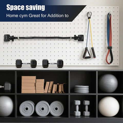 Turn Your Dumbbells Into A Full On Barbell With This EZ Curl Bar Adapter 200Lb Capacity shown on wall with gym equipment