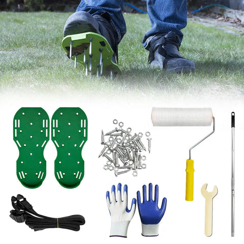 Four Piece Nine Inch Spiked Roller Set For Self Leveling Concrete And Epoxy Floors With Spike Shoes 43 Inch Telescoping Pole And Non Slip Gloves displayed on grass