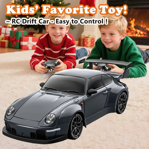 Children playing with 1:24 Scale RC Drift Car with 4WD and LED lights indoors, Christmas setting.