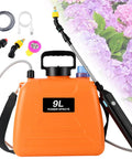 Battery Powered Sprayer 2.4 Gallon Electric Garden Sprayer With Rechargeable Battery, featuring orange tank and mist nozzles