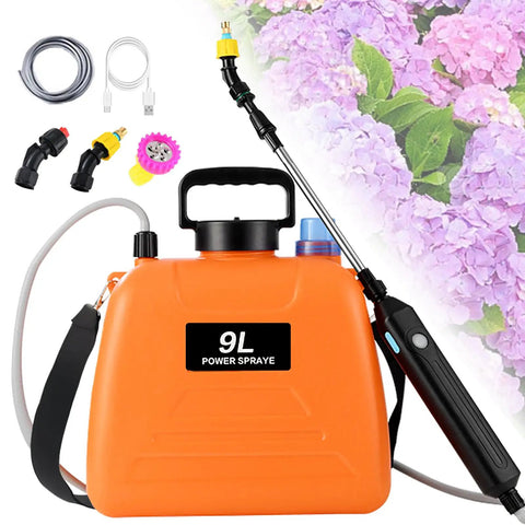 Battery Powered Sprayer 2.4 Gallon Electric Garden Sprayer With Rechargeable Battery, featuring orange tank and mist nozzles