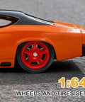 Side view of an orange RC car featuring a 1/64 Scale Wheel And Tire Set With Axles For RC Diecast Cars DIY Models Real Riders Rims.