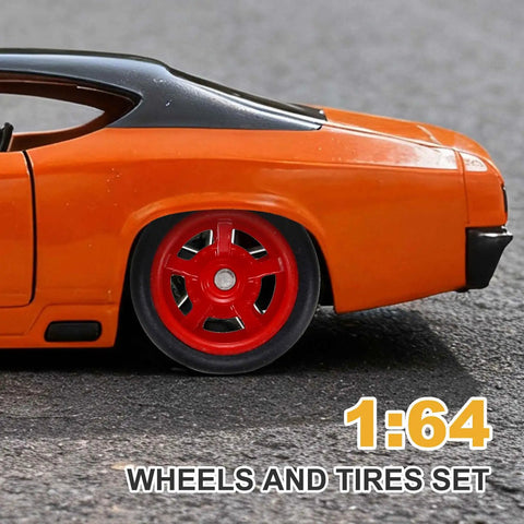 Side view of an orange RC car featuring a 1/64 Scale Wheel And Tire Set With Axles For RC Diecast Cars DIY Models Real Riders Rims.