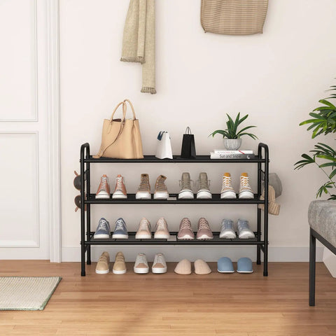 3 Tier Metal Shoe Rack Organizer 33 Inch Wide Built To Last Space Saving Shoe Storage With Four Side Hooks holding shoes in living room