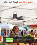 20 Inch Canopy Fan With Lights For Camping And Outdoors hanging in a market, showing 20000mAh battery life display