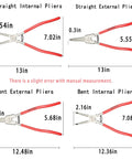 4 Piece Snap Ring Pliers Set Internal And External Circlip Pliers 13 Inches Heavy Duty Ring Remover Tool With Straight And Bent Tips Pro Grade Durability Cr V Steel diagram with measurements.
