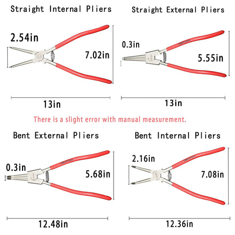 4 Piece Snap Ring Pliers Set Internal And External Circlip Pliers 13 Inches Heavy Duty Ring Remover Tool With Straight And Bent Tips Pro Grade Durability Cr V Steel diagram with measurements.