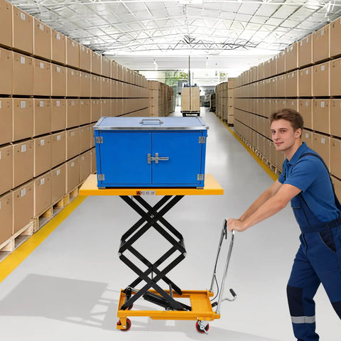 Rock Solid Double Scissor Hydraulic Lift Table Cart 770 Lbs Capacity 51 Inch Lift Height moving a blue box in warehouse.