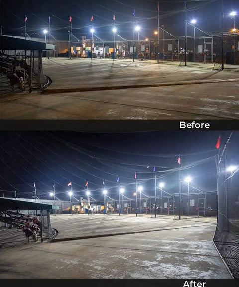 Before and after of parking lot lit by 200W Outdoor LED Parking Lot Light With Dusk to Dawn Sensor for Commercial Outdoor Areas.