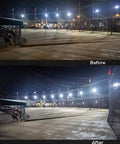 Before and after bright lighting with Beefy 36000 Lumen Outdoor Parking Lot Flood Light With Slip Fitter Mount 5000K Daylight LED