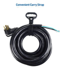 Replacement 50 Amp RV Power Cord With Four Prong, 25 Ft, 6/8 AWG Pigtail, coiled with carry strap, NEMA 14-50P compatible.