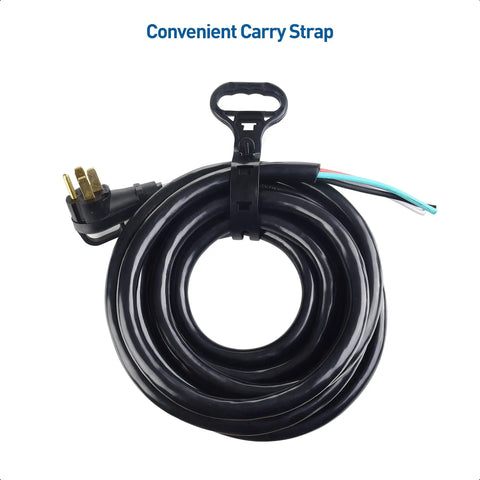 Replacement 50 Amp RV Power Cord With Four Prong, 25 Ft, 6/8 AWG Pigtail, coiled with carry strap, NEMA 14-50P compatible.