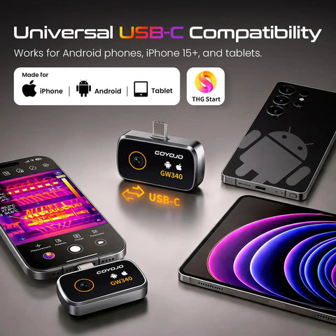 Next Level Thermal Camera For iPhone Android And Tablet With 512 By 384 IR Clarity USB C Port Works With iOS 15 16 17 And iPad For Home Inspections HVAC And Auto. USB-C thermal camera shown with Android and iPhone