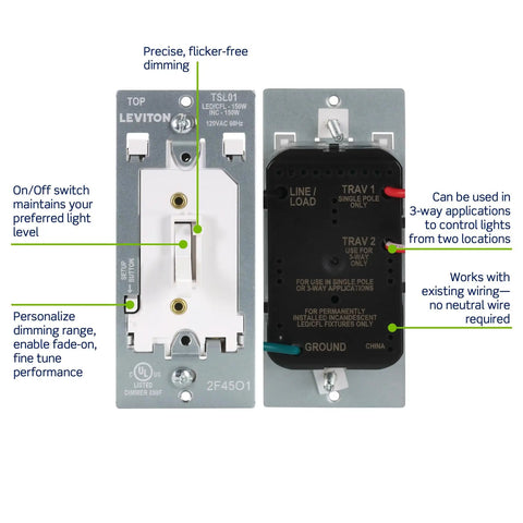 Toggle Slide LED Dimmer Switch For 150W Dimmable LED Halogen And Incandescent Lights Flicker Free Smooth Dimming White Finish TSL01-W details view