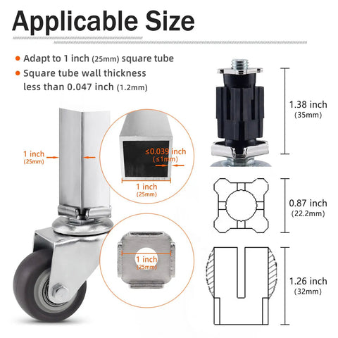 2 Inch Plug In Casters Heavy Duty Silent Rolling Wheels Four Pack Fits One Square Inch Tubing with size details and measurements
