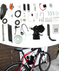 110cc Bicycle Engine Kit For 26 To 28 Inch Bikes, 2 Stroke Gas Motorized Conversion Kit laid out with red bike on background