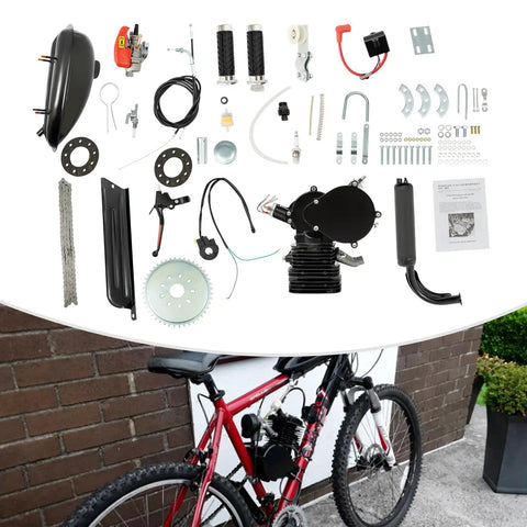 110cc Bicycle Engine Kit For 26 To 28 Inch Bikes, 2 Stroke Gas Motorized Conversion Kit laid out with red bike on background