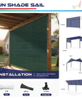 Outdoor Sun Shade Sail 18 By 26 Feet With Grommets And D Ring UV Blocking Breathable HDPE 180GSM Straight Edge Canopy for pergola installation illustration, showing hanging methods and accessories.
