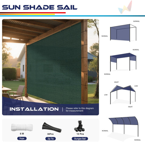 Outdoor Sun Shade Sail 18 By 26 Feet With Grommets And D Ring UV Blocking Breathable HDPE 180GSM Straight Edge Canopy for pergola installation illustration, showing hanging methods and accessories.