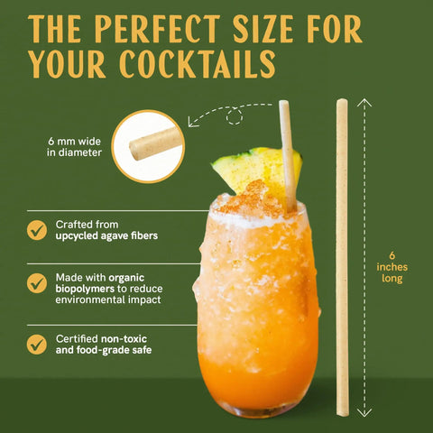 Bulk Agave Straws 6 Inch 2000 Count Sustainable And Compostable Drinking Straws Made From Upcycled Agave Plant Fiber Long Lasting And Durable Won't Get Soggy Perfect For Parties And Everyday Use. 6-inch agave straw in cocktail drink