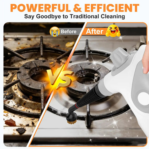 Powerful Portable Handheld Steamer Shooting Scalding Vapor To Wreck Stubborn Pan Grease And Baked On Filth On Tile Linoleum And Fabric Seats With 14 Heavy Duty Tools For No Sweat Scrubbing And Spotless Shine before and after cleaning stove tops.