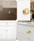 Six Pack Gold Cabinet Knobs With Brushed Brass Finish For Dresser And Drawer Doors Vintage Pumpkin Inspired Retro Luxury Pull Handles installed on various cabinet doors