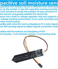 Capacitive soil moisture sensor module for Arduino and Raspberry Pi, with connecting wires and 3.3V output interface.