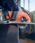 Built Tough Cordless Circular Saw For Zero Sweat Cold Cutting Sheet Metal And Pipe No Spark Action in use on metal sheet.