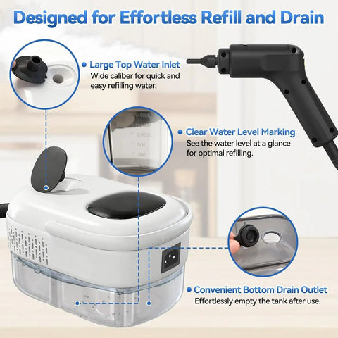 This bad boy 2500W Handheld Steam Cleaner features a large water inlet and clear level markings for easy refills and convenience.