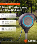Automatic Retractable Garden Hose Reel With 66 Feet Reach 360 Degree Swivel Metal Spike Base Easy Install No Tool Needed UV Resistant Housing Smooth Auto Rewind And Lock Durable Yard Hose Organizer, on spike base in lawn