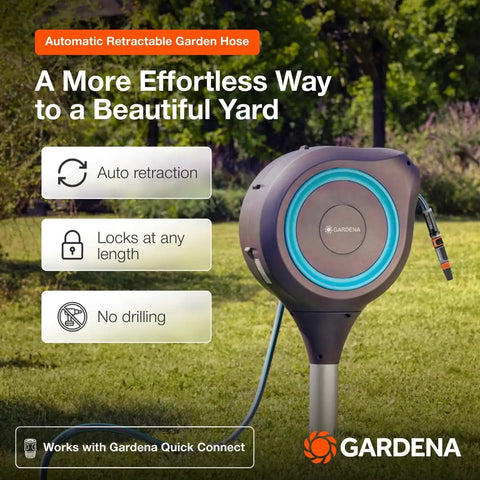 Automatic Retractable Garden Hose Reel With 66 Feet Reach 360 Degree Swivel Metal Spike Base Easy Install No Tool Needed UV Resistant Housing Smooth Auto Rewind And Lock Durable Yard Hose Organizer, on spike base in lawn