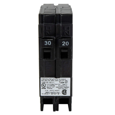 RV Circuit Breaker 30/20 Amp Twin Single Pole 120V Thermal Magnetic Plug-In Type QT Compatible for Camper Panels