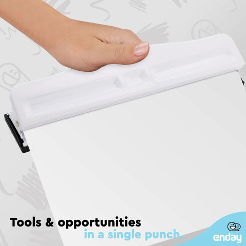Hand using Heavy Duty 3 Hole Punch For Binders, Adjustable 10 Sheet Metal Three Hole Punch with Built In Waste Tray, White Finish.