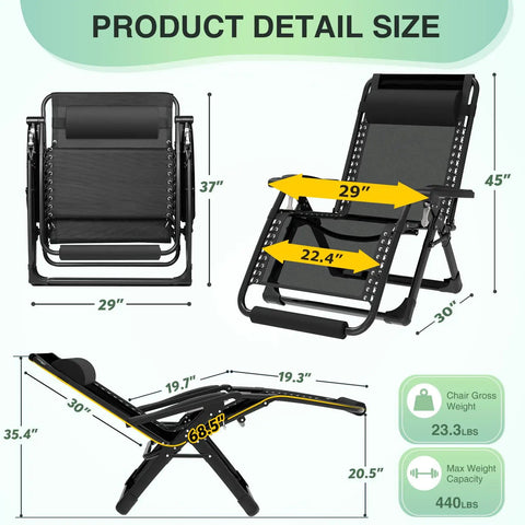Oversized Zero Gravity Lounge Chair 29 Inch XL With Removable Cushion And Headrest Reclining Camping And Patio Chair dimensions