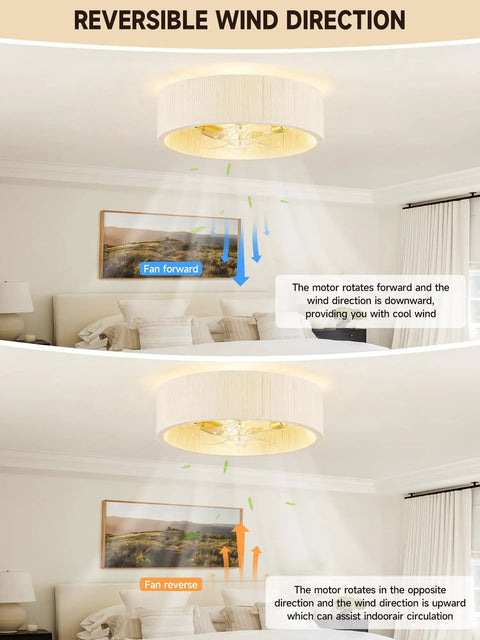 Jughtbo Boho Caged Fandelier Ceiling Fans with Lights and Remote Control showing reversible wind direction in two positions.