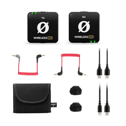 Plug-And-Play Ultra Compact Wireless Microphone System With Built-In Mics, cables, and accessories on white background.