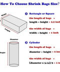 Infographic on choosing sizes for Clear Thermal Shrink Wrap Bags 12X17 Inches, detailing dimensions for rectangles and cylinders.