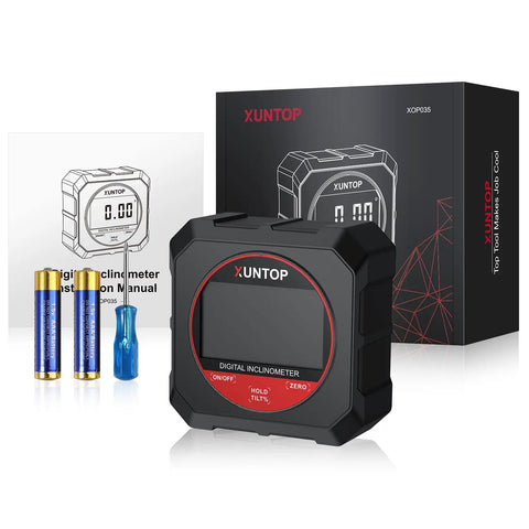 Heavy Duty Digital Angle Gauge With Freakin Precise Readings And Hella Strong Magnetic Backing Optimized For Rapid Framing Layouts And Hassle Free Weekend Projects in black with user manual and batteries.
