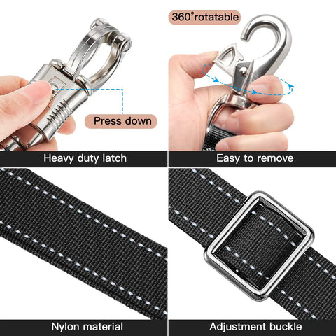 Heavy Duty Horse Cross Ties With Adjustable Length 45.2 To 78.7 Inches, nylon trailer tie details, panic snap, bull snap.