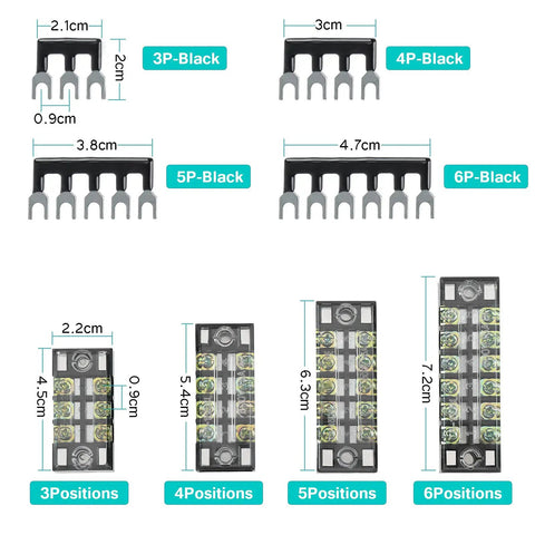 Diagram showing Dual Row Screw Terminal Blocks Set With Covers For Easy Wiring, 8 Sets Of 3 to 6 Positions, measurement details.