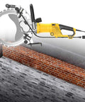 Solid Performer Eight Thousand Watt Electric Circular Saw For Concrete Walls With Smart Water Cooling cutting through a brick wall.